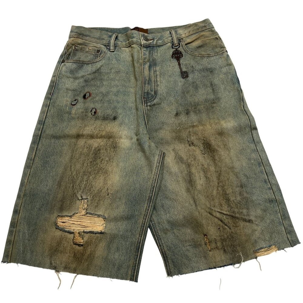 Birth of Royal Child Dirty-Washed Brushing Wax Denim Jorts in Blue